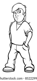 cartoon outline vector illustration of a bully kid