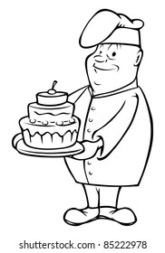 cartoon outline vector illustration of a chef holding a cake