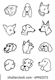 cartoon outline vector illustration of dog faces