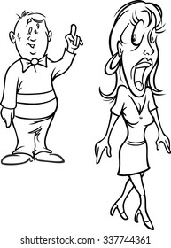 cartoon outline vector illustration of a man flirting with woman bw