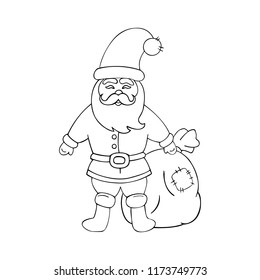 Cartoon outline vector illustration of Santa. Santa with gift bag on white background. Black and white vector drawing. 