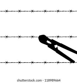 Cartoon outline vector illustration showing a barbed wire fence being cut by wire cutters