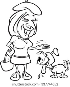 cartoon outline vector illustration of a woman pet dog bw