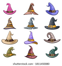 Cartoon outline witch hat decoration halloween icons set isolated vector design illustration