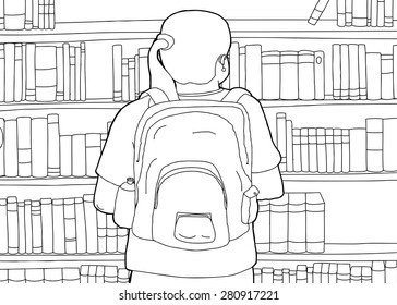Cartoon outline of woman with backpack at library