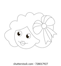 Cartoon outlined illustration with thin line black stroke. Doll Head Face