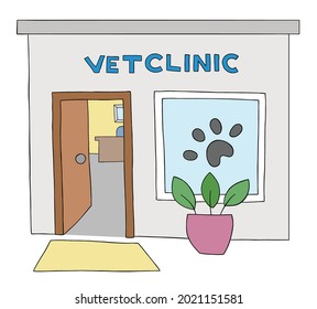 Cartoon outside view of veterinary clinic, vector illustration. Colored and black outlines.