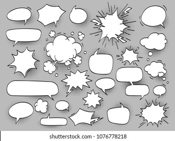 cartoon oval discuss speech bubbles and bang bam clouds with halftone shadow. Outline blank white chat cloud, balloons for comics vector illustration set isolated