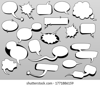 Cartoon oval discuss speech bubbles. Thought cloud white objects on gray-blue background. Vector illustration