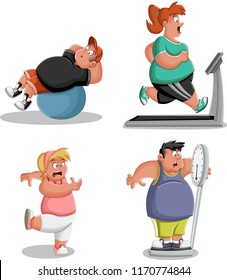 Cartoon over weight athletes training. Fat people working out.
