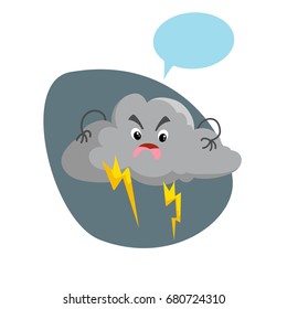 Cartoon overcast storm cloud with thunderstorm mascot. Weather rain and storm symbol. Speaking character with dummy speech bubble. Vector illustration icon.