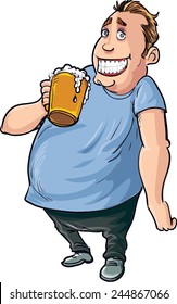 Cartoon overweight beer drinker. Isolated on white