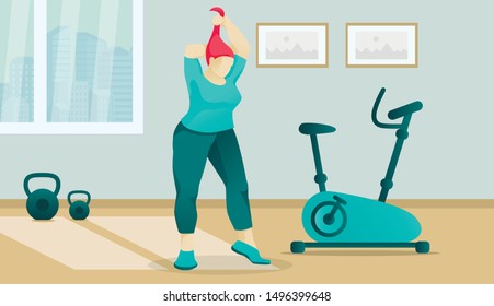 Cartoon Overweight Clubby Woman Character in Gym Studio. Fat Obese Girl Preparing for Cardio Training on Stationary Bike. Sport Activity and Workout for Weight Loss. Vector Flat Illustration