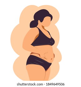 Cartoon overweight girl  standing in side view ,pinch stomach,wearing black sportswear. Pregnant woman touching her belly, Cute Young female expecting a baby, vector isolated flat on brown background.