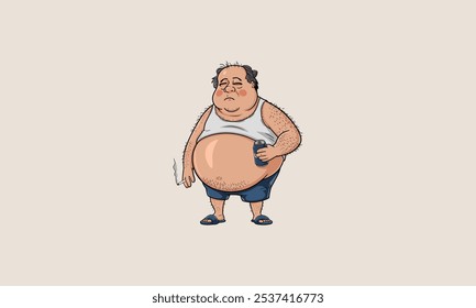 Cartoon overweight man with beer and cigarette standing.