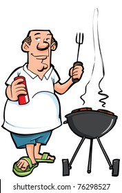 Cartoon of overweight man having a BBQ. Isolated on white