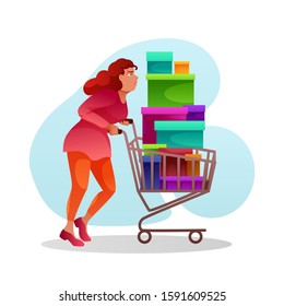 Cartoon overweight woman walking with purchases pile in trolley cart. Consumer buying goods, gifts isolated on white. Sale, discounts and shopping. Routine weekend pastime. Vector flat illustration