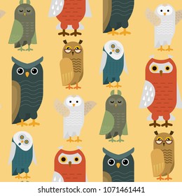 Cartoon owl bird cute character sleep sweet owlet seamless pattern background vector illustration.