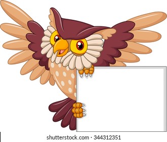 Cartoon Owl Bird Flying Holding Blank Sign