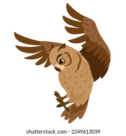 Cartoon owl bird. Hunting owl, flying wildlife brown feathered owl, forest wild predator flat vector illustration on white background