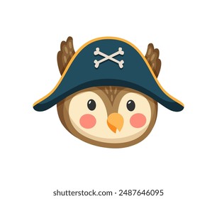 Cartoon owl bird pirate and corsair. Sailor and captain, skipper and boatswain character. Isolated vector cute kawaii woodland animal personage face. Owlet in a dashing cocked hat with a bones emblem