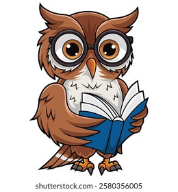 Cartoon owl bird wearing glasses reading a book