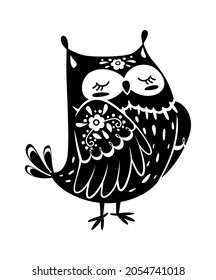 Cartoon owl in black color, mysterious animal. Owl bird spooky silhouette to holiday halloween, cartoon animal mystery, vector illustration