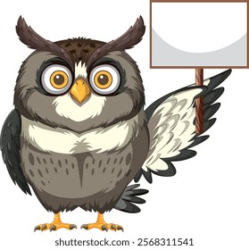 Cartoon owl with a blank wooden sign