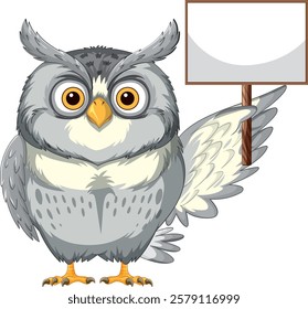 Cartoon owl with a blank wooden sign