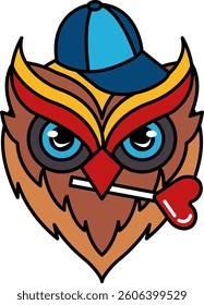 A cartoon owl with a blue hat and a red and yellow face. The owl is holding a red lollipop and has a cigarette in its mouth