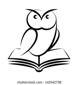 Cartoon of owl and book - symbol of wisdom isolated on white background