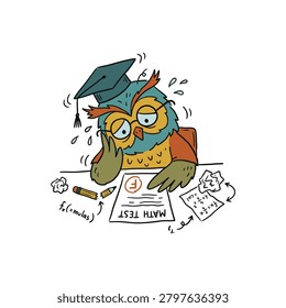 Cartoon owl in cap and glasses studying papers with a worried expression
