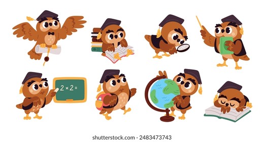 Cartoon owl character. Learned bird. Wise owlet studying. Kids education. School mascot in graduate hat. Gaining knowledge. Animal student. Class blackboard and globe