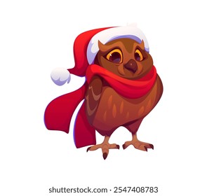 Cartoon owl Christmas character wearing red Santa hat and scarf, adding a touch of winter warmth and holiday spirit. Isolated vector festive brown cheerful owl bird ready for seasonal Xmas celebration