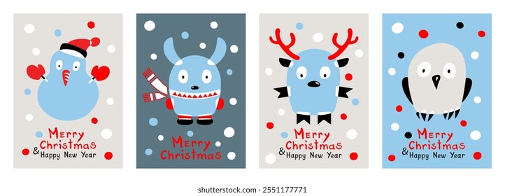  Cartoon owl, Christmas deer, rabbit and  Snowman. Four Posters. Merry Christmas and Happy New Year greeting cards in Trendy Colors. Winter holiday vector illustration.