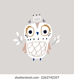 Cartoon owl in crown and floral elements. Childish owl character. Vector illustration