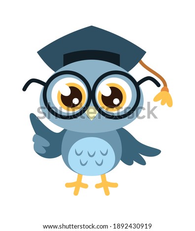 Cartoon owl. Cute clever bird with glasses and hat, funny joyful gray colored animal, knowledge and learning mascot, wisdom symbol child print or sticker flat isolated on white background illustration