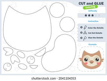 Cartoon Owl. Education paper game for preshool children. Cut parts of the image and glue on the paper. Vector illustration. Cut and Glue Game.