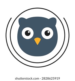 A cartoon owl face in a circle with big eyes and orange beak, simple illustration