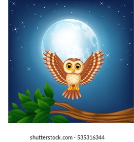 Cartoon owl flying in the night