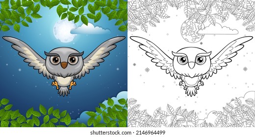 Cartoon of owl flying at night on full moon background