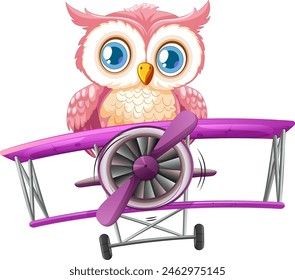 Cartoon owl flying a vibrant purple airplane