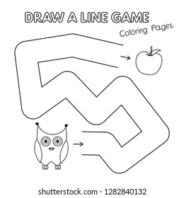 Cartoon owl game for small children - draw a line. Vector coloring book pages for kids