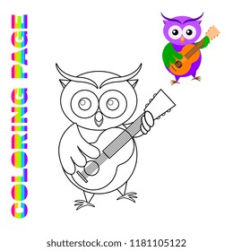 Cartoon owl guitarist coloring page for kids. Cute owl playing guitar