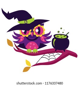 Cartoon owl in Halloween costume of witch. Mystery night-bird in hex suit sitting with potty potion on tree branch vector illustration. All Hallows Eve concept. Isolated on white background.