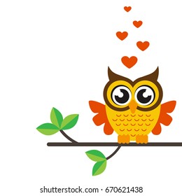 cartoon owl with heart on a branch