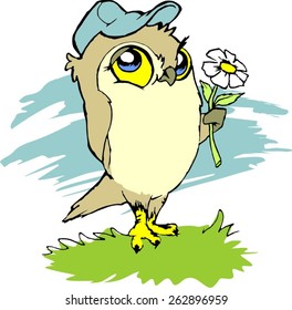cartoon owl holding a flower illustration for T-shirts