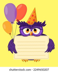 Cartoon owl holds a greeting card for a children's holiday. Bright vector illustration with balloons.