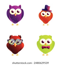 Cartoon owl icons set cartoon vector. Funny little owl bird. Cute character