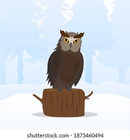 Cartoon owl illustration. Simple flat vector drawing of brown owl on stump.